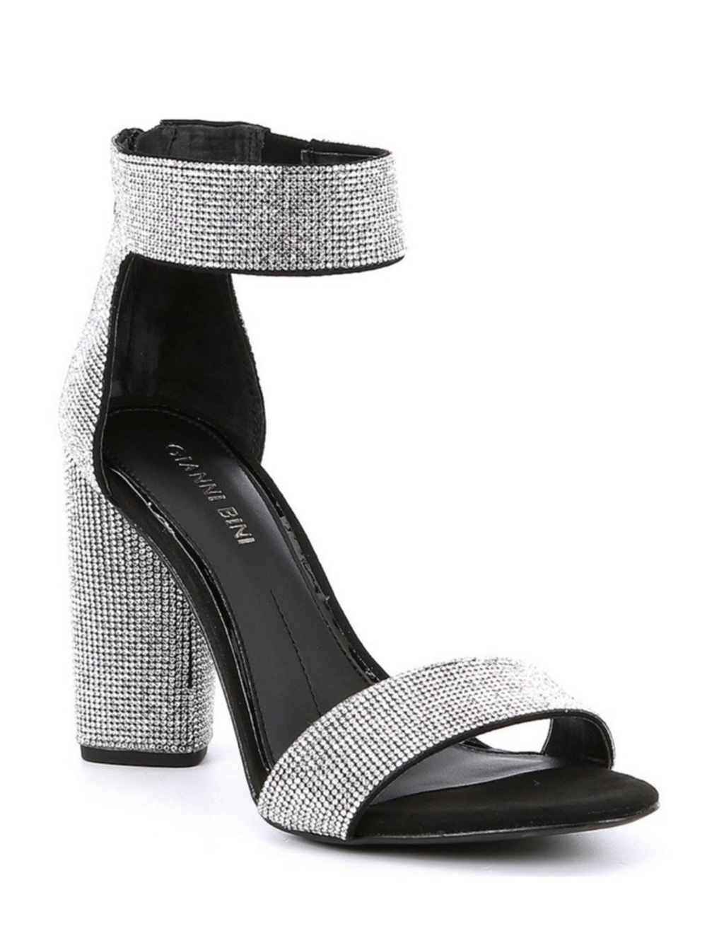 NEW Gianni Bini “Ronilynn” Silver rhinestone & Black Ankle Wrap Block Heels